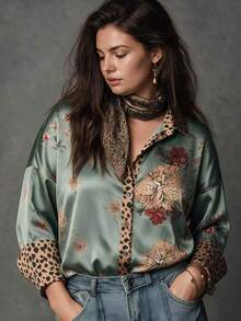 Women's Leopard Print Floral Button-Up Plus Size Shirt, Long Sleeve Lapel Collar Top, Autumn Woven Fabric Detail Design - Color Matching - View 4