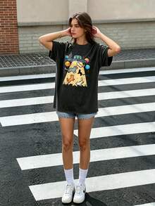 Plus Size Women's Regular Fit Short Sleeve T-Shirt, Cosmic Cat & UFO Pattern, Crew Neck, High Elasticity & Comfort Casual Summer - Dark Grey - View 3