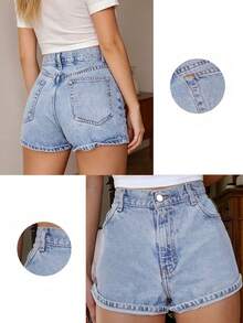 Celana Pendek Denim Abu-abu Gaya Retro Amerika untuk Remaja Perempuan, Jeans Serbaguna Pinggang Tinggi - Light Wash - View 3