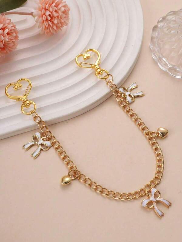 1pc Heart-Shaped Bag Charm With Flower And Bow, Fashion Chain Decor