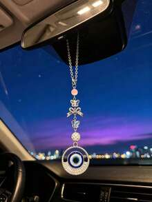 Rhinestone Evil Eye Car Rearview Mirror Hanging Ornament, Turkish Evil Eye Full Rhinestone Car Pendant, Pink Crystal Bead Bowknot Chain Rearview Mirror Decorative Hanging Accessory - Demon - View 1
