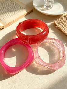 3pcs Set Exquisite Vintage Acrylic Bracelet Set, Fashionable Cylinder Design, Suitable For Daily Casual Wear, Women's Fashion Jewelry, Acrylic Material, No Inlay Craft, Suitable For All Year Round, Used For Daily, Party And Vacation Occasions. - Red - View 3