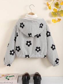Girls' Casual Fashion Striped & Floral Print Faux Pocket Design Hooded Long Sleeve Zip-Up Jacket, Short Lightweight Jacket For Spring & Autumn - Black and White - View 2