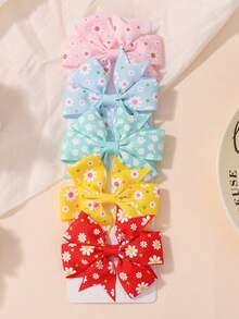 1 Pair Printed Daisy & Sunflower Hair Clip Set, Ribbed Fishtail Bow Baby Hair Clips, Random Cardboard - Multicolor - View 6