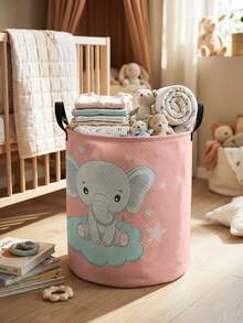 1pc Cute Elephant Pattern Foldable Large Capacity Round Storage Basket With Handle, Versatile Storage Bin For Nursery, Baby Supplies Organizer, Diaper Storage, Clothing Storage, Multi-Purpose Storage Box - Multicolor - View 39
