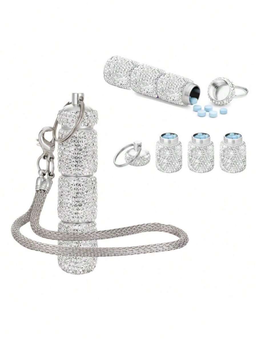 1pc 3-Compartment Pill Box With Rhinestones And Keychain, Metal Morning/Noon/Night Pill Box, Rhinestone Decorated - Multicolor - View 1