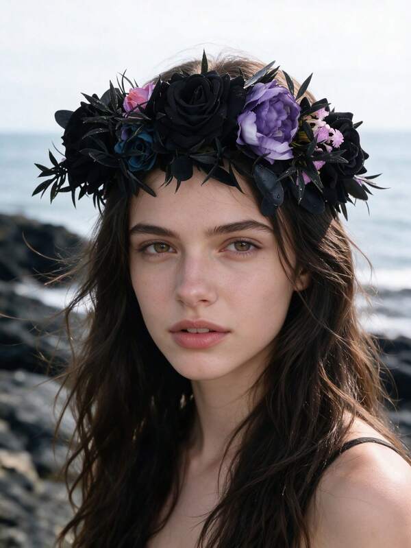 Black Purple Blue Mixed Rose Flower Crown Ribbon Headpiece Gothic Dark Bridal Halloween Party Hair Accessory