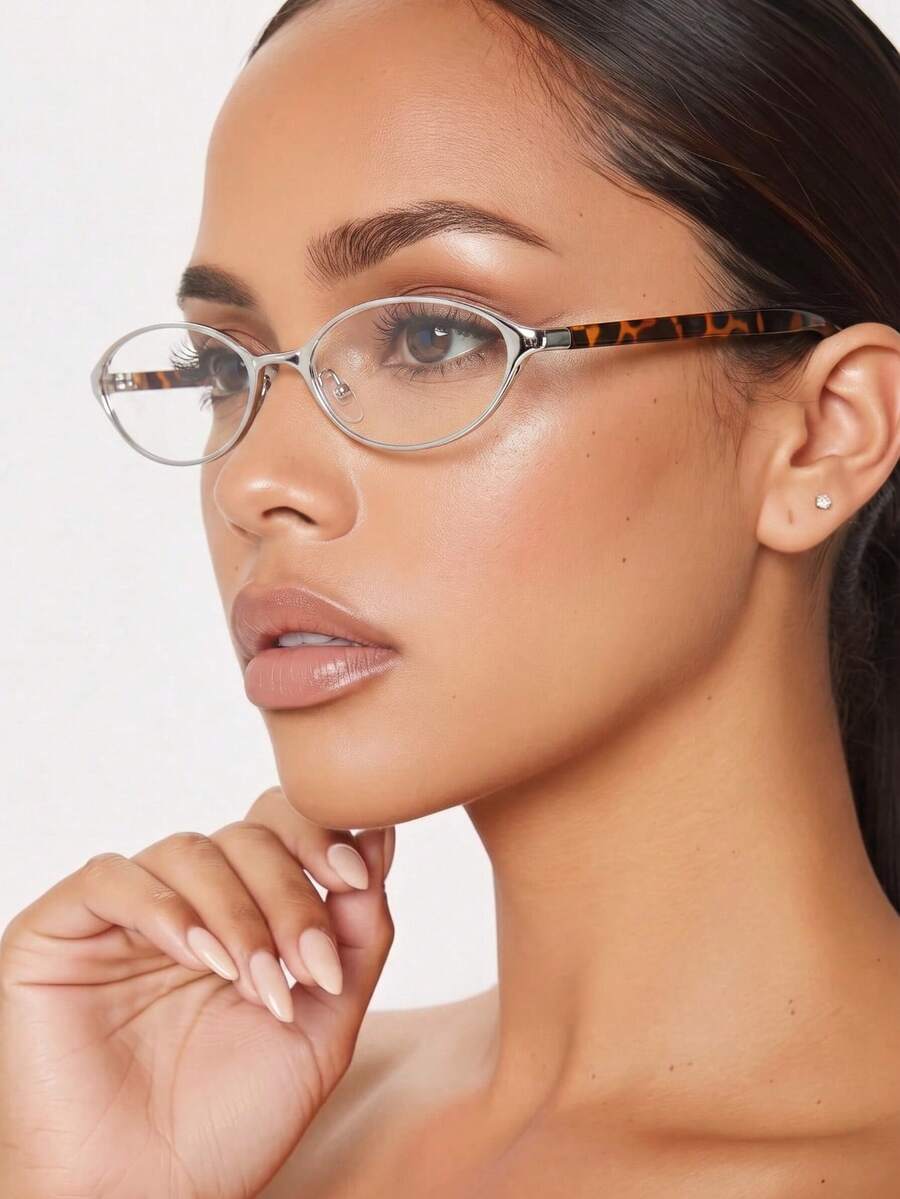 1PC Women's Oval Small Frame Metal Vintage Retro Fashion Cat Eye Leopard Print Color Block Bohemian, Daily Commute Street Literary Youthful Casual Decorative Non-Prescription Glasses, Suitable For Work, Back To School, Street Photography, Phone Viewing, Dating, Etc. - Silver - View 1