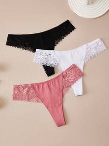 3 Paket Celana Dalam Thong Wanita Berhiaskan Renda dengan Berbagai Warna - MultiWarna - View 1