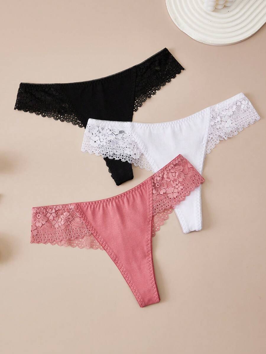 3 Paket Celana Dalam Thong Wanita Berhiaskan Renda dengan Berbagai Warna - MultiWarna - View 1