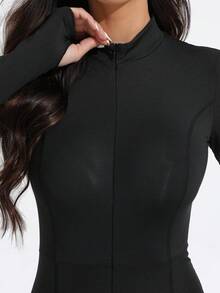 Women's Long Sleeve Zipper Fitted Jumpsuit, High Elastic Design, Slimming And Flattering, Comfortable And Skin-Friendly, Suitable For Daily Wear And Sports - Black - View 8