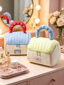 1pc Cute Ins Handbag Type Cosmetic Pouch With Lucky Letter Handle Double Zipper Large Capacity Portable Travel Makeup Storage Bag For Daily Use Vacation Back To School Spring Summer Makeup Storage Bag, Bridesmaid Souvenir, Opening School Season Gift - Multicolor - View 6