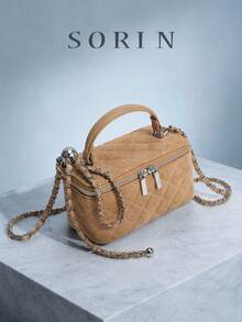 1pc Khaki Vintage Diamond Quilted Embroidered Handbag Small Square Box Bag With Zipper And Chain Strap Crossbody Shoulder Bag Suitable For Autumn Shopping And Afternoon Tea - Khaki - View 1
