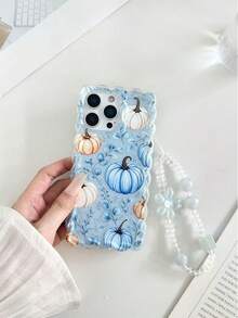 Pumpkin Painted Twisted Wavy Edge Transparent Phone Case With Attached Bracelet, Flat Print, Anti-Drop, Fashionable Cute, Suitable For IPhone 17/17 Pro/17 Pro Max/16/16 Pro/16 Pro Max/16 Plus/14/15/P14/P13/P12/P11, Thickened Soft Full Coverage Creative Phone Case - Multicolor - View 6