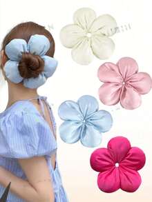 1pc Large Flower Satin Hair Scrunchie, Flower Shaped Silk Hair Tie, Korean Style Fashion Large Flower Hair Accessory, Suitable For Thick Coarse Curly Hair - Multicolor - View 5