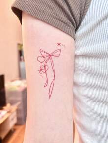 1 Sheet Waterproof Temporary Fake Tattoo, Cute Red Bow Knot Star Line Art Tattoo Stickers, Sweet Coquette Style Body Decoration For Women Wrist Forearm - Hot Pink - View 2