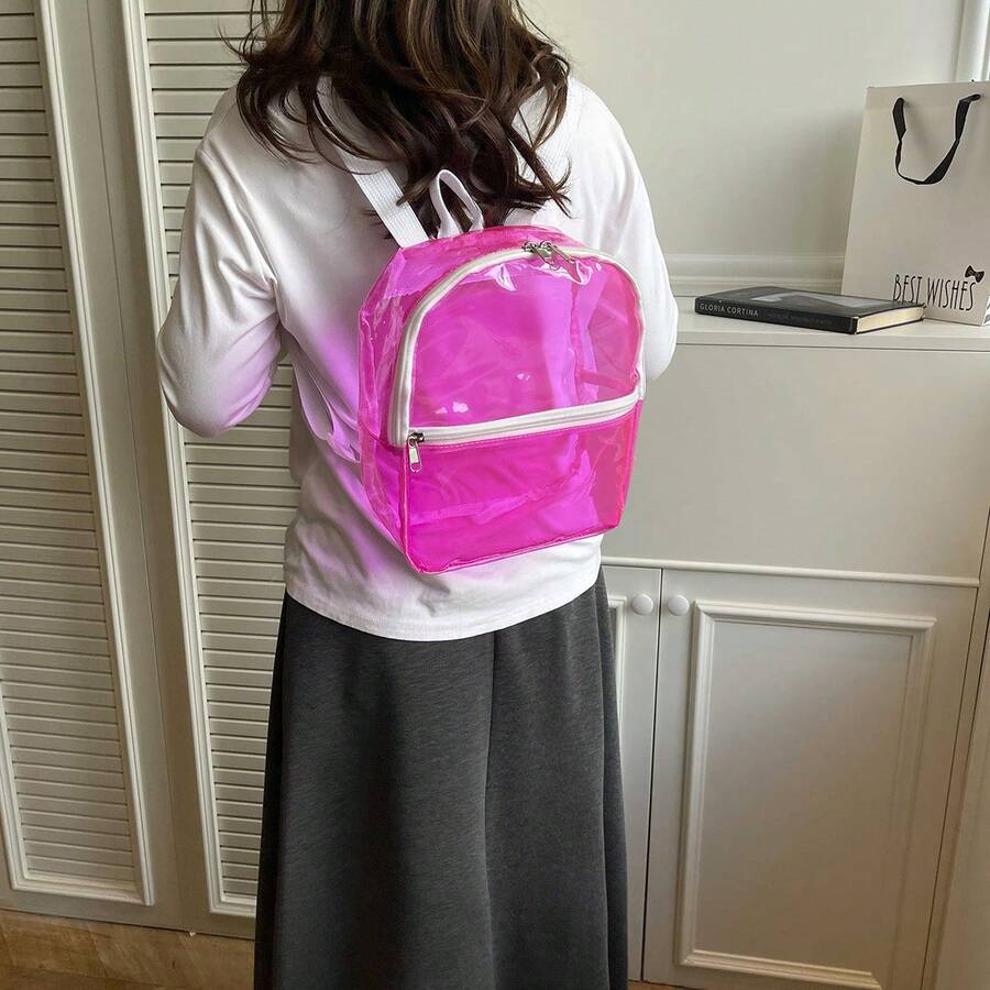 Bright Green Transparent PVC Mini Backpack With White Zipper Shoulder Strap - Multicolor - View 1