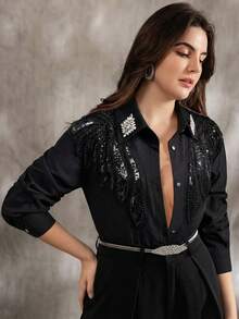 ALIAO Spring Black 3D Floral Embroidered Long Sleeve Shirt, Bohemian Style, Plus Size, Wedding And Casual Wear - Black - View 1