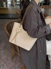 Bolso de hombro tipo tote para mujer, gran capacidad, beige minimalista, con Charm floral lindo, suave y elegante, adecuado para compras y desplazamientos - Blanco - Ver 7