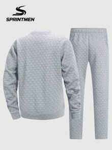 2pcs Gray Plaid Embossed Crew Neck Men's Set, Men's Long Sleeve Sweatshirt Set, Men's Drawstring Pants, Textured Plaid Design, Casual Sports Style, Campus, Friends Gathering, Commuting, Short Trips - Grey - View 7