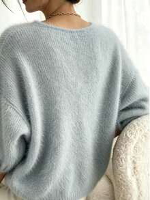 V-Neck Solid Color Fine Velvet Knit Sweater, Autumn/Winter Fall - Grey - View 2