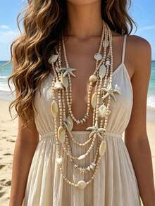 1pc Bohemian Ocean Holiday Style Acrylic Faux Starfish & Shell Multi-Layer Beaded Long Necklace, Suitable For Women Beach Vacation, Photography, Outfit - X-1672 Long Starfish Necklace - View 2