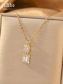 Hihho 1pc Colorful Square Zirconia Double Pendant Necklace, Gold Plated Zirconia Inlaid Necklace, Exquisite Gift Jewelry For Women - Double-sided Block - View 4