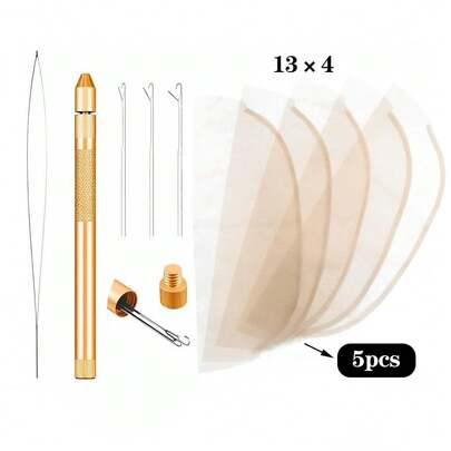 Kit Pembuatan Wig, Termasuk 5 Jaring Renda dan Kait Rajut 4-in-1, Tersedia 2 Ukuran Jaring Renda, Cocok untuk Pemula, Kit Wig Depan Renda