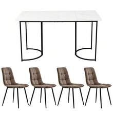 Dining Set (5-Piece), Dining Table With 4 Chairs Set, Modern Kitchen Table Set, 140*80cm Kitchen Table With Black Metal Legs, MDF Tabletop In White, Brown Velvet Dining Chairs - 白色 - 查看 3