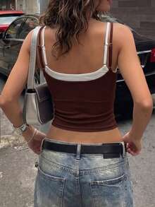 SEREN Women's New 2 In 1 Patchwork Design Spaghetti Strap Tank Top, Slim Fit, Flattering, Sexy Style, Cropped - Brown - View 4