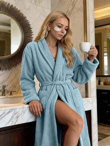 Bathrobe Soft Touch Contain Cotton Bathrobe For Women & Men - Made In Turkey, Lightweight, Absorbent, Comfortable Bath Robe - Baby Blue - View 4