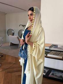 Fashion Hooded Arabic Long Dress With Patchwork Ribbon And Floral Design (Includes Headscarf) - Yellow - View 3
