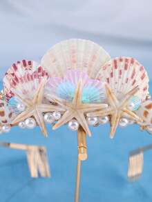 KOVLYNE 1pc Mermaid Shell & Starfish Crown Headpiece, Women's Pearl Beach Bridal Tiara, Suitable For Wedding, Festival, Cosplay & Photography - White - View 3