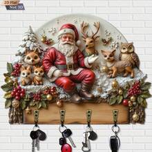 Christmas Animal Santa Claus Key Holder, Wooden Multi-Function Home Key Rack With 4 Metal Hooks, Suitable For Wall Decor, Porch Decor, Room Decor, Villa Decor And All-Season Home Decoration - Multicolor - View 4