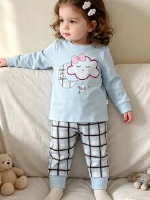 Sweet & Cute 2-Piece Baby Pajama Set, Blue Long Sleeve Round Neck Top With Cloud, Moon & Star Print + Plaid Pants - Blue - View 1