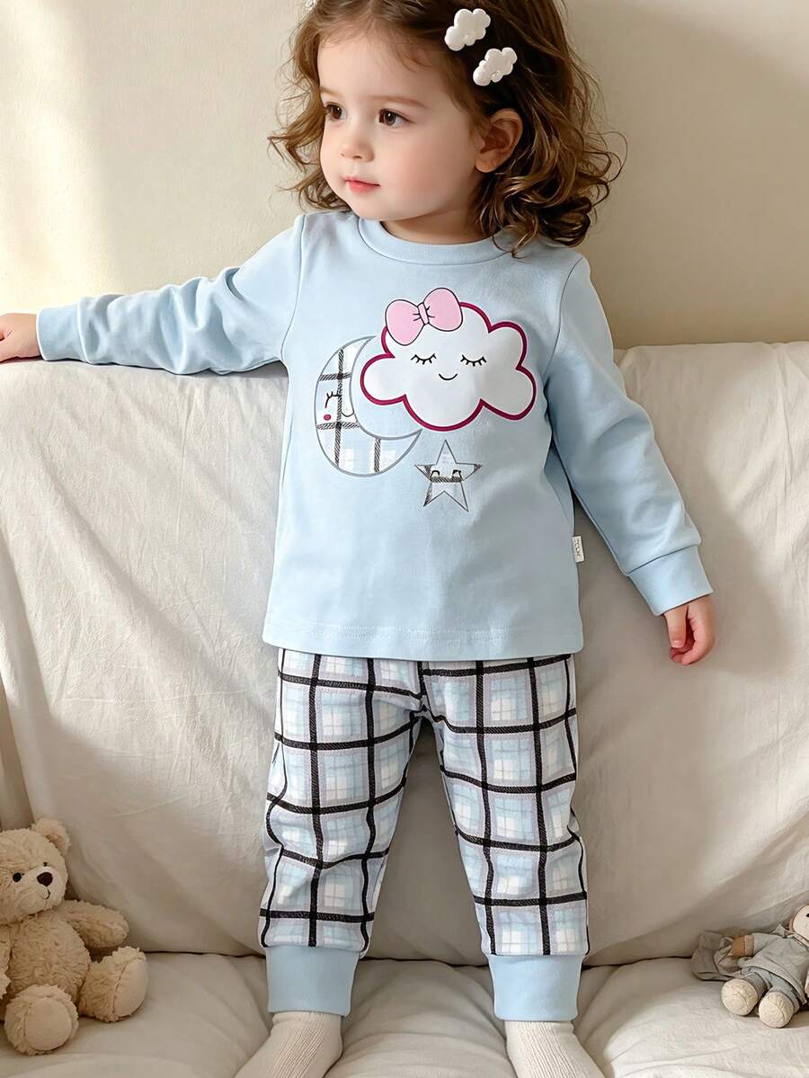 Sweet & Cute 2-Piece Baby Pajama Set, Blue Long Sleeve Round Neck Top With Cloud, Moon & Star Print + Plaid Pants - Blue - View 1