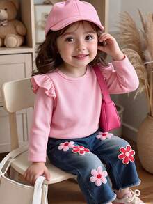 Baby Girl 2pcs Set, Ruffled Collar Pink Waffle Blouse + Gradient Floral Applique Denim Pants, Sweet Style For Spring/Autumn - Pink - View 2