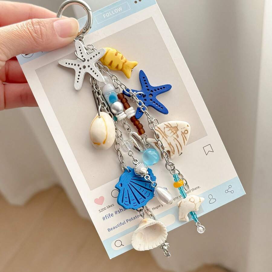 Llavero de estrella de mar de aleación creativa, serie oceánica, con concha marina, lindo colgante para bolso - Multicolor - Ver 1