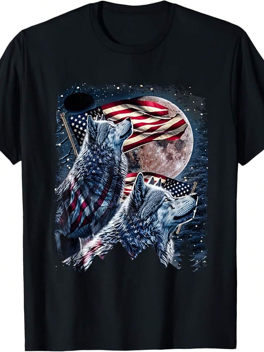 Wolf 4th Of July American Flag Howling Wolves Under Moon T-Shirt - 款式 - 查看 1