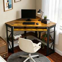 VECELO Corner Computer Desk With Smooth Keyboard & Storage Shelves For Home Office Workstation - Maroon - View 3