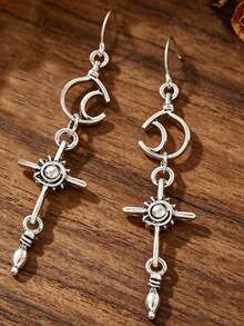 1 Pair Bohemian Style Sun & Moon Earrings, Silver-Tone Synthetic Gemstone Iridescent Bohemian Jewelry - Antique Silver - View 10