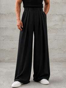 HEYKESON Men's Pleated Wide Leg Suit Pants, Draped Business Casual Formal Trousers - Black - View 1