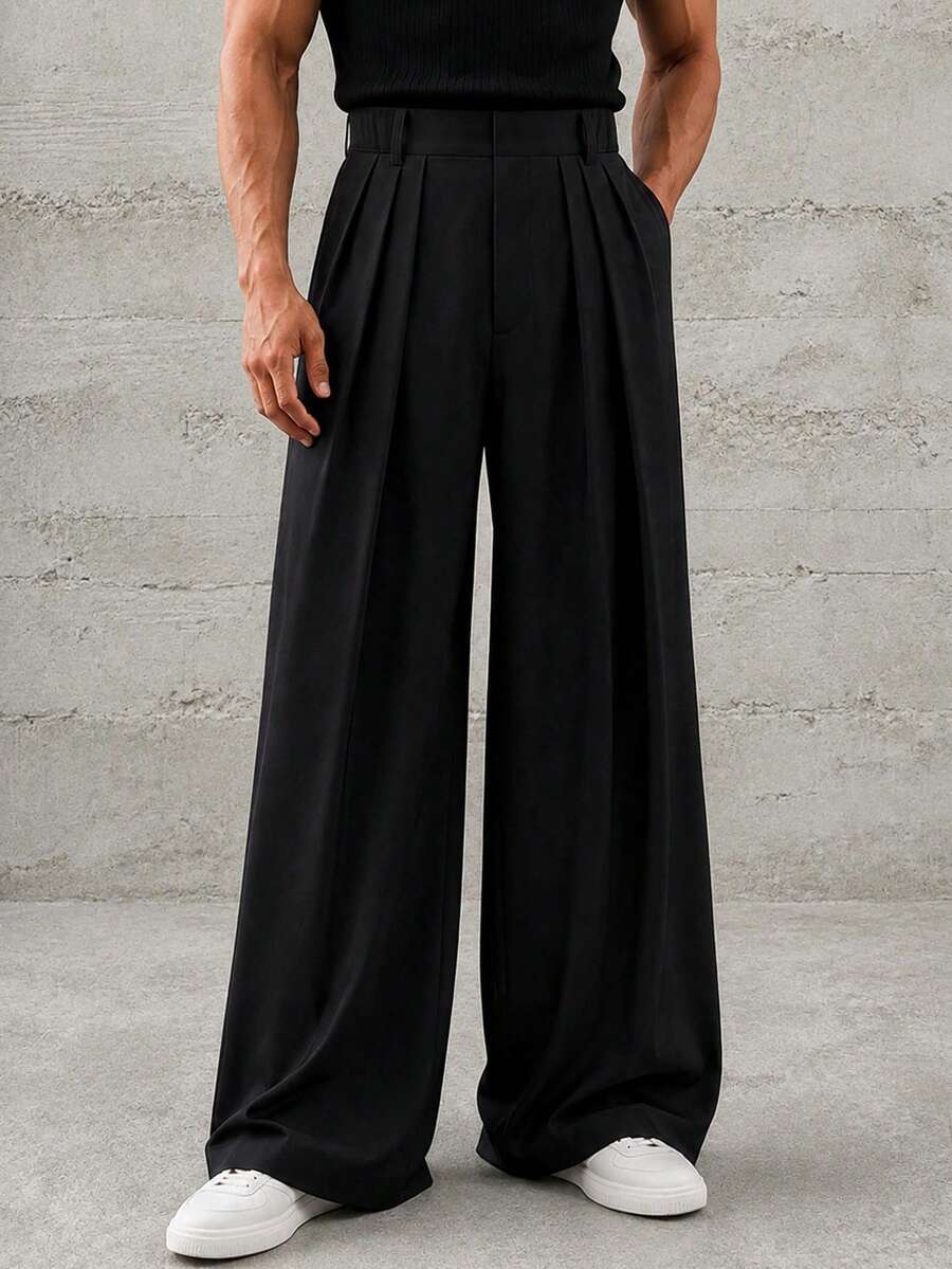 HEYKESON Men's Pleated Wide Leg Suit Pants, Draped Business Casual Formal Trousers - Black - View 1