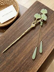 1pc Light Green Ginkgo Jade Slice Tassel Hair Stick, Women's Gentle Draping Chain Hair Pin For Vacation And Daily Updo - Multicolor - View 5