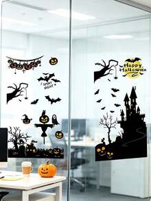 New Halloween Black Castle, Bat, Pumpkin Window Glass Static Cling Stickers Scene Decor, Halloween Party, Store Window Decoration - Sticker - View 9