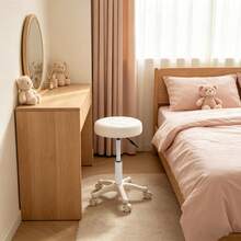 Height Adjustable PU Leather Round Rolling Stool With Wheels, Swivel Salon Spa Home Office Stool, White - White - View 5