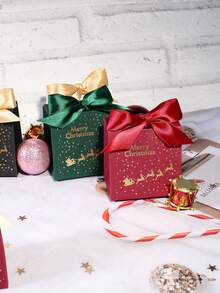 10Pcs Christmas Gift Boxes With Santa Sleigh And Starry Pattern, Elegant Holiday Favor Boxes With Satin Ribbon Bow, Red Green Black Gift Packaging For Christmas Party, Winter Celebration, Wedding Favors, Seasonal Decorations And Special Occasions - 7X5X7cm - View 6