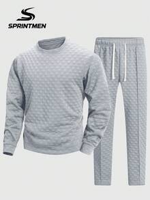 2pcs Gray Plaid Embossed Crew Neck Men's Set, Men's Long Sleeve Sweatshirt Set, Men's Drawstring Pants, Textured Plaid Design, Casual Sports Style, Campus, Friends Gathering, Commuting, Short Trips - Grey - View 6