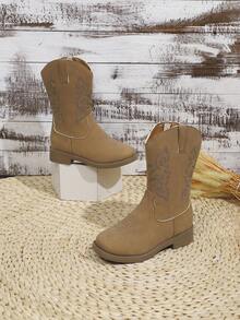 1 Pair Girls' Boots, Autumn/Winter New Style, High-Top Long Boots, Princess Embroidery, Prairie Western Boots - Brown - View 4
