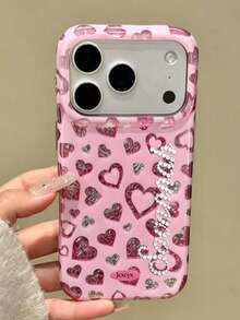 Personalized Engraved Rhinestone Name Stylish Full Screen Sequins Pink Hearts Solid Color Phone Case Compatible With IPhone 17 Pro Max 17 Pro 17 16 Pro Max 16 Pro 16 15 Pro Max 15 Pro 15 14 Pro Max 14 Pro 14 13 Lovely Sweet Shockproof Protective Cover - Pink - View 4